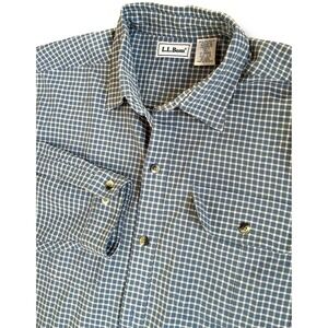 LLBean Mens Large Plaid Button Down Long Sleeve Shirt Blue White Gingham Check‎